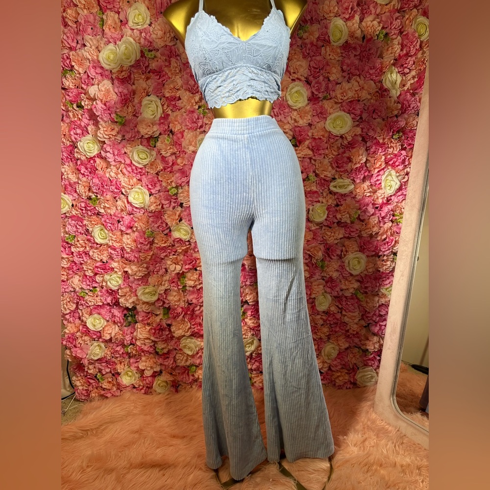 Light Blue Ribbed Flare Pants and Matching Lace Bralette